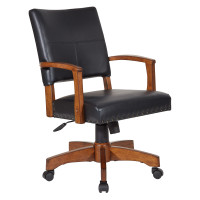OSP Home Furnishings 109MB-BK Deluxe Wood Bankers Chair in Black Faux Leather with Antique Bronze Nailheads and Medium Brown Wood